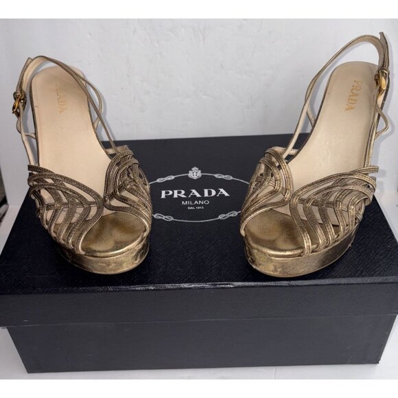 Vintage Prada Heels Gold Slingback Size EUR 37 US 7 with Box & Shoe Bags - Picture 4 of 16